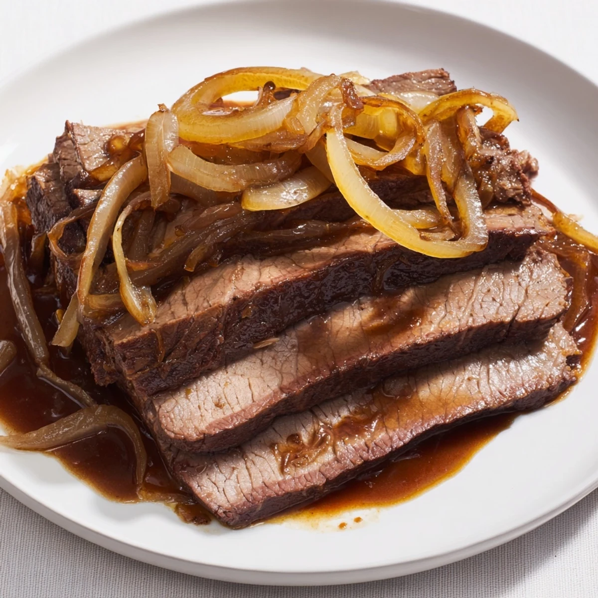 Close-up of slow cooked beef brisket, juicy and falling apart with caramelized onion topping.