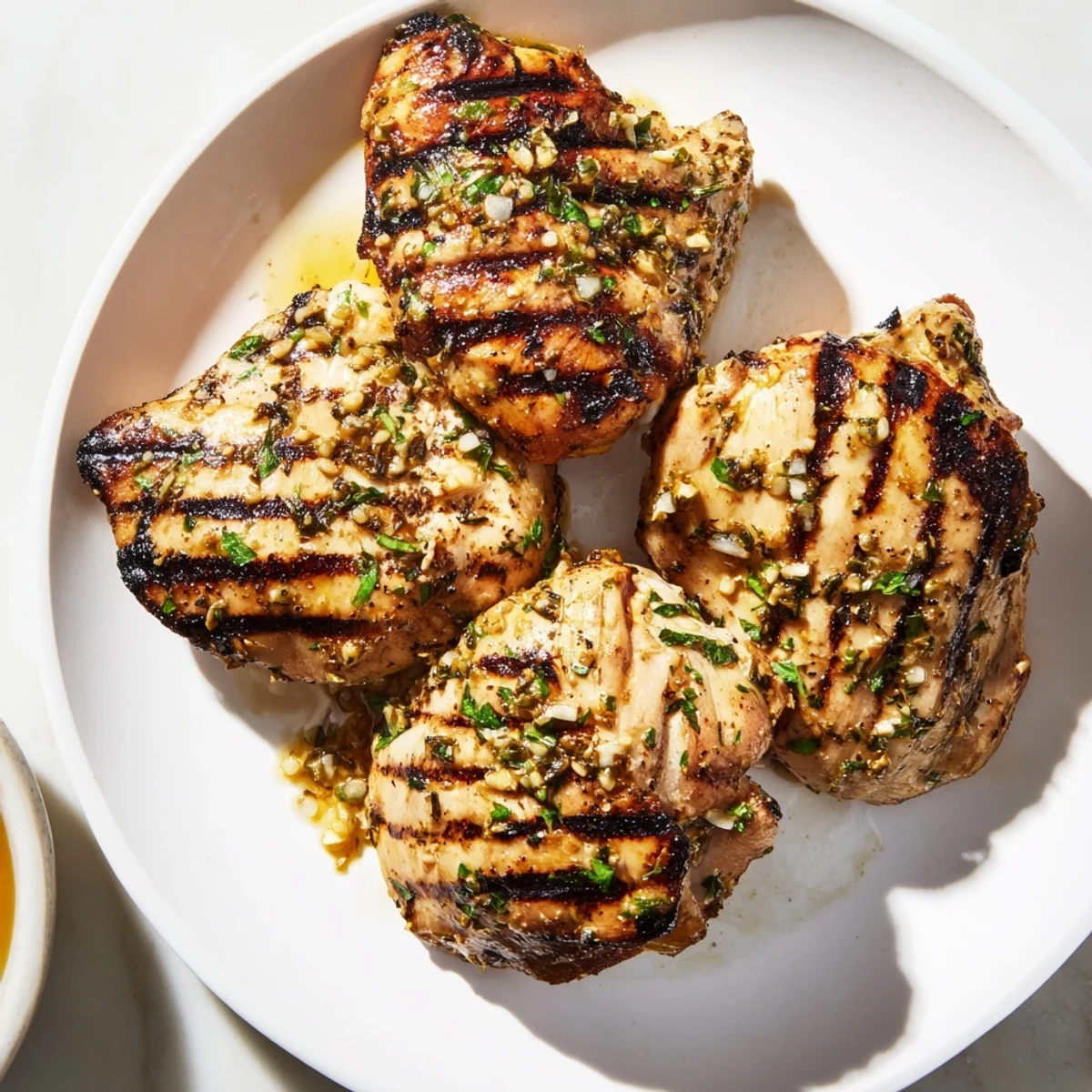 Close-up of juicy, perfectly grilled Lemon Herb Chicken Thighs on a serving platter, so tempting.