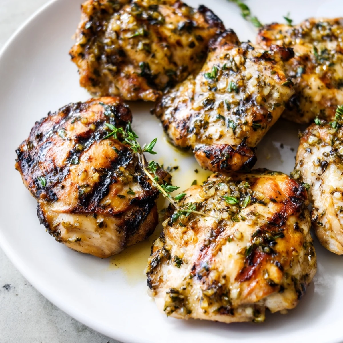 Golden-brown Lemon Herb Grilled Chicken Thighs glistening with flavorful marinade, ready to eat.