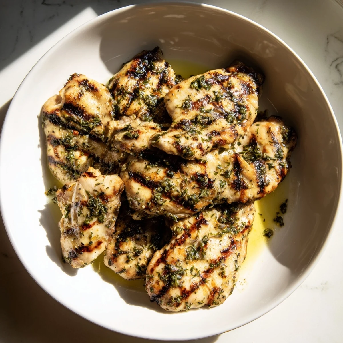 Tender, aromatic Lemon Herb Grilled Chicken Thighs, garnished with fresh herbs and lemon wedges for serving.