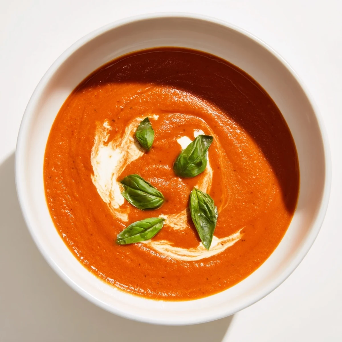 Creamy Tomato Basil Bisque: a vibrant, smooth soup garnished with fresh basil, ready to enjoy.