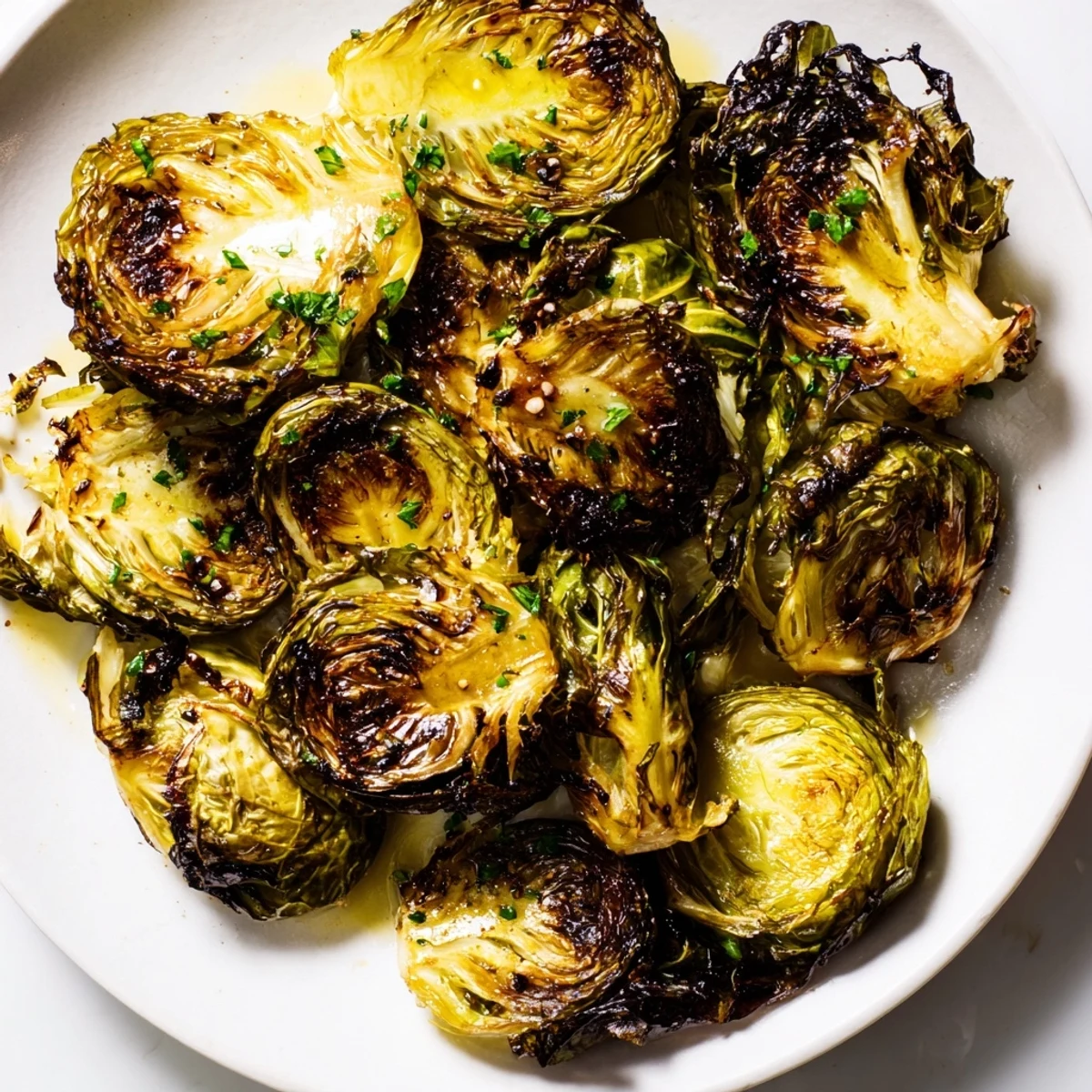 Golden-brown Roasted Brussels Sprouts with balsamic vinegar, ready to serve as a delectable side.