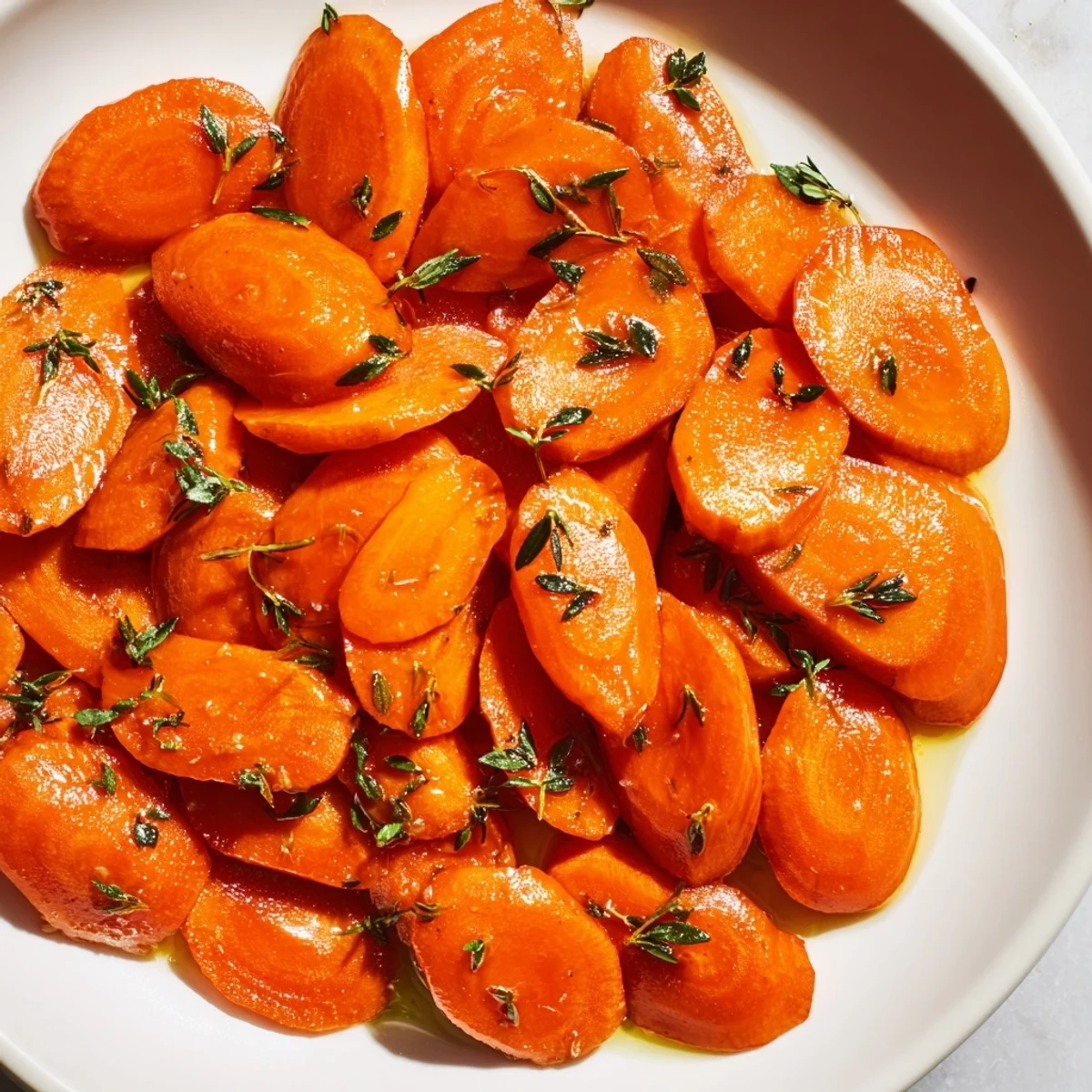Golden Glazed Carrots with Honey and Thyme glistening on a plate, smelling sweet and herby.