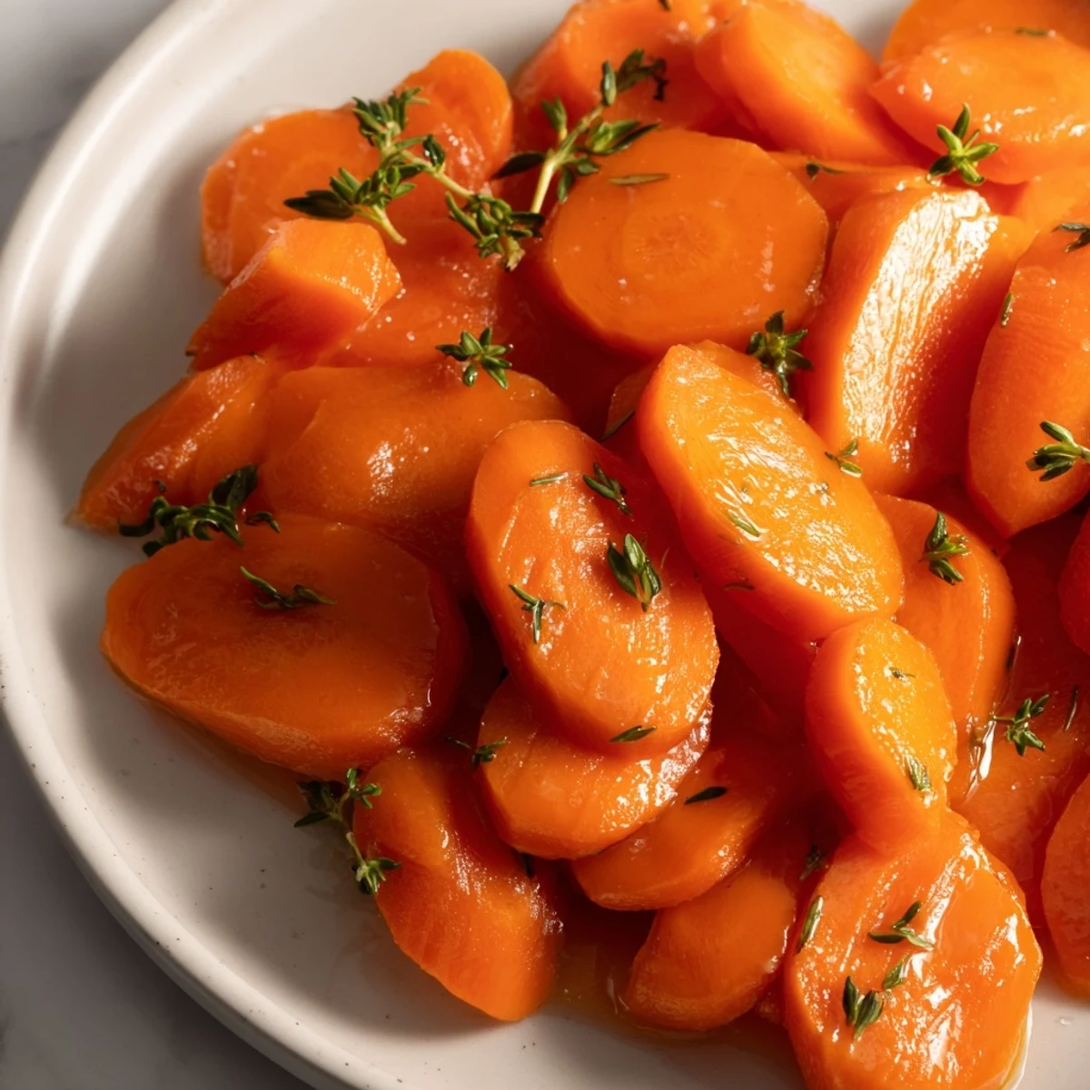 Warm, buttery Glazed Carrots with Honey and Thyme: a simple, elegant side dish for your dinner.