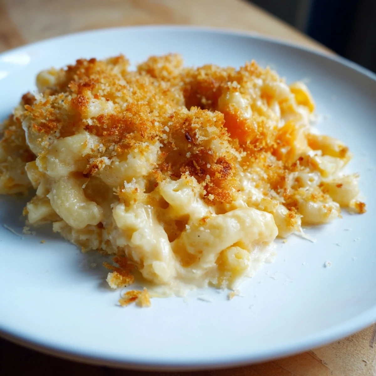 Golden, bubbling baked macaroni and cheese, a comforting classic with a buttery breadcrumb topping.