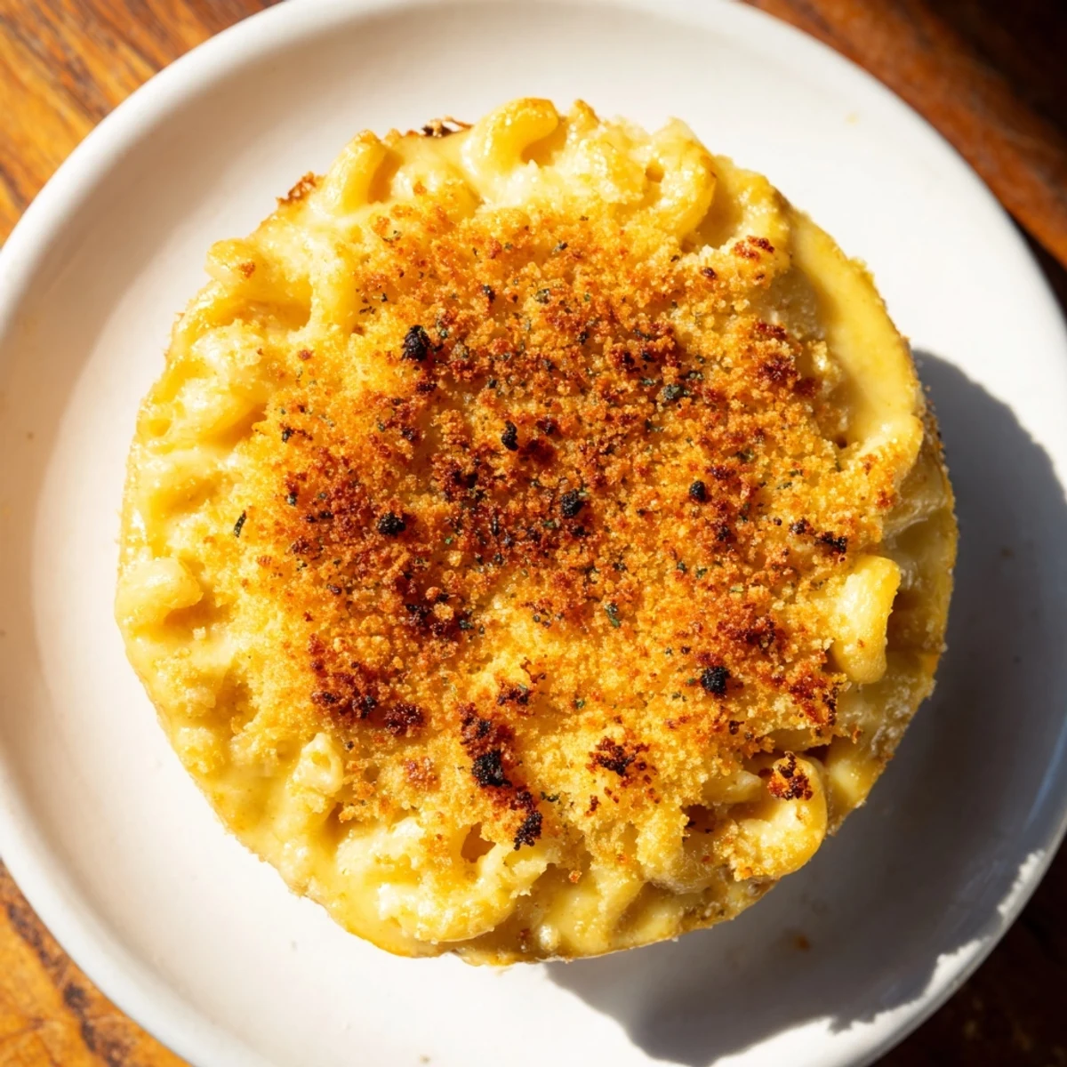 A close-up of baked macaroni and cheese: creamy cheese sauce, perfectly browned crust, ready to serve.