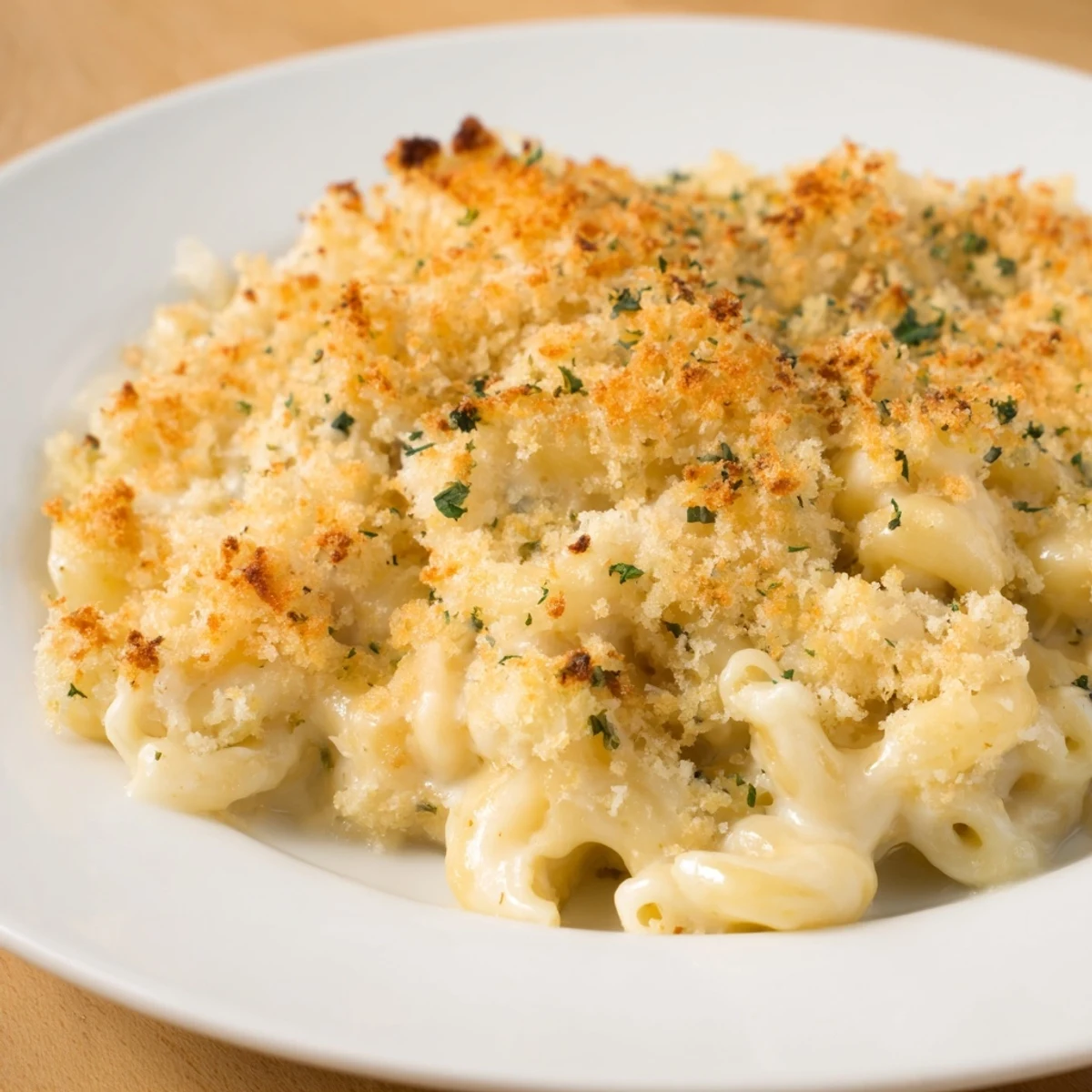 Hot, cheesy baked macaroni and cheese with a Parmesan topping, perfect for dinner tonight.