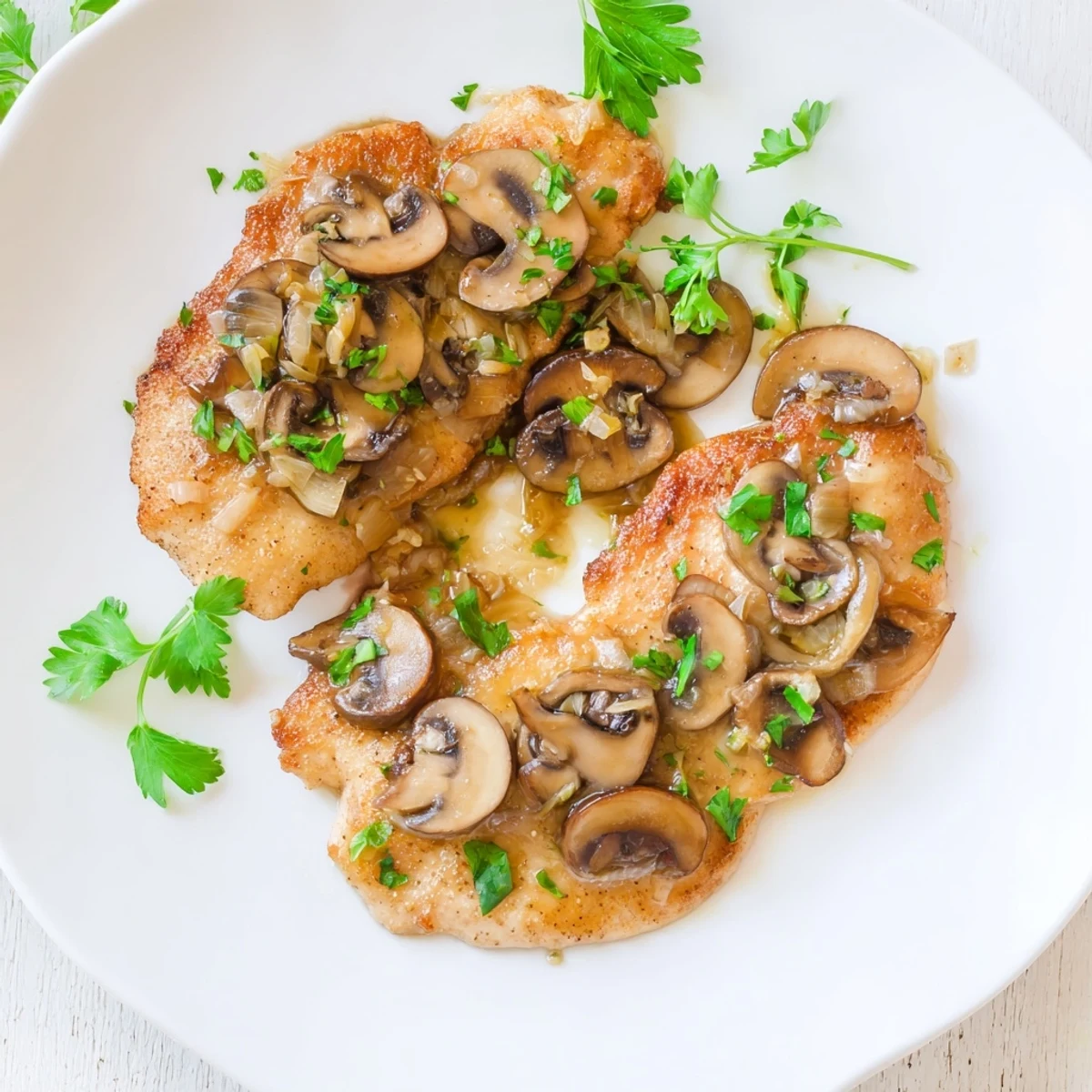 Golden-brown Chicken Marsala with mushrooms, in a rich sauce, ready to serve over pasta.
