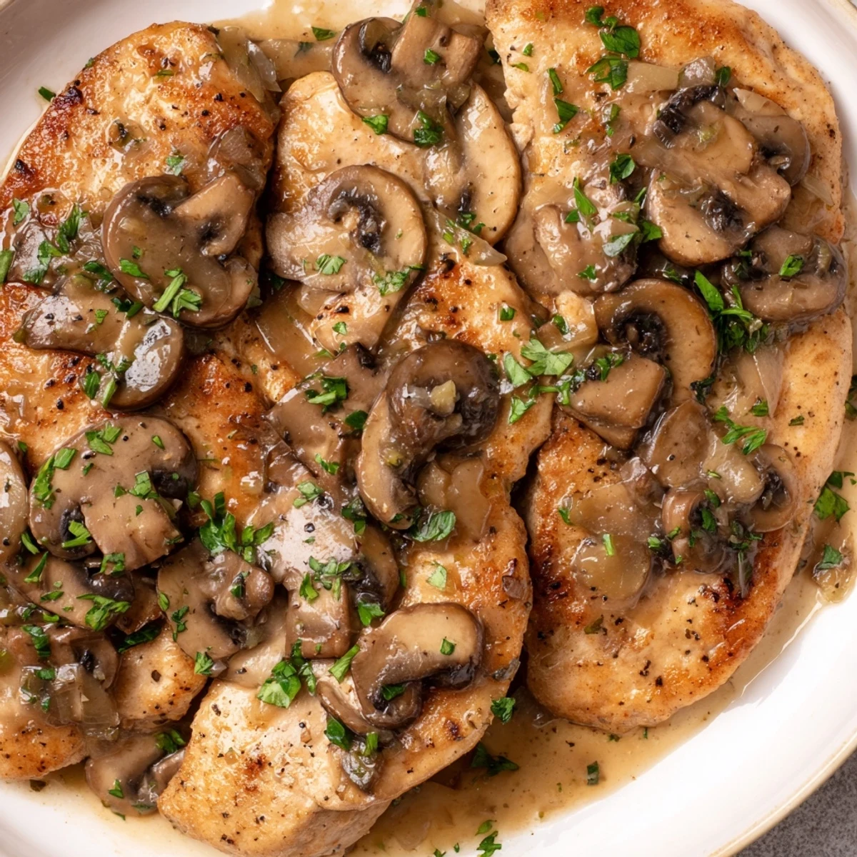 A close-up of tender halal Chicken Marsala, showcasing savory mushrooms in a luscious wine sauce.
