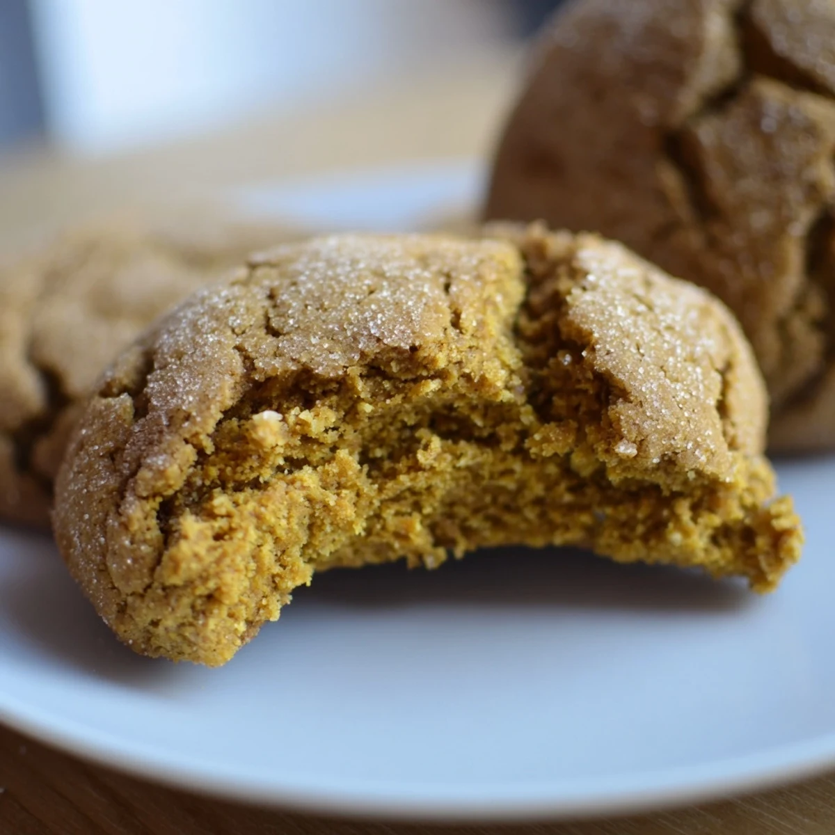 Close-up of golden, crackly Ginger Molasses Crinkle Cookies, showcasing soft centers and sugared crusts.