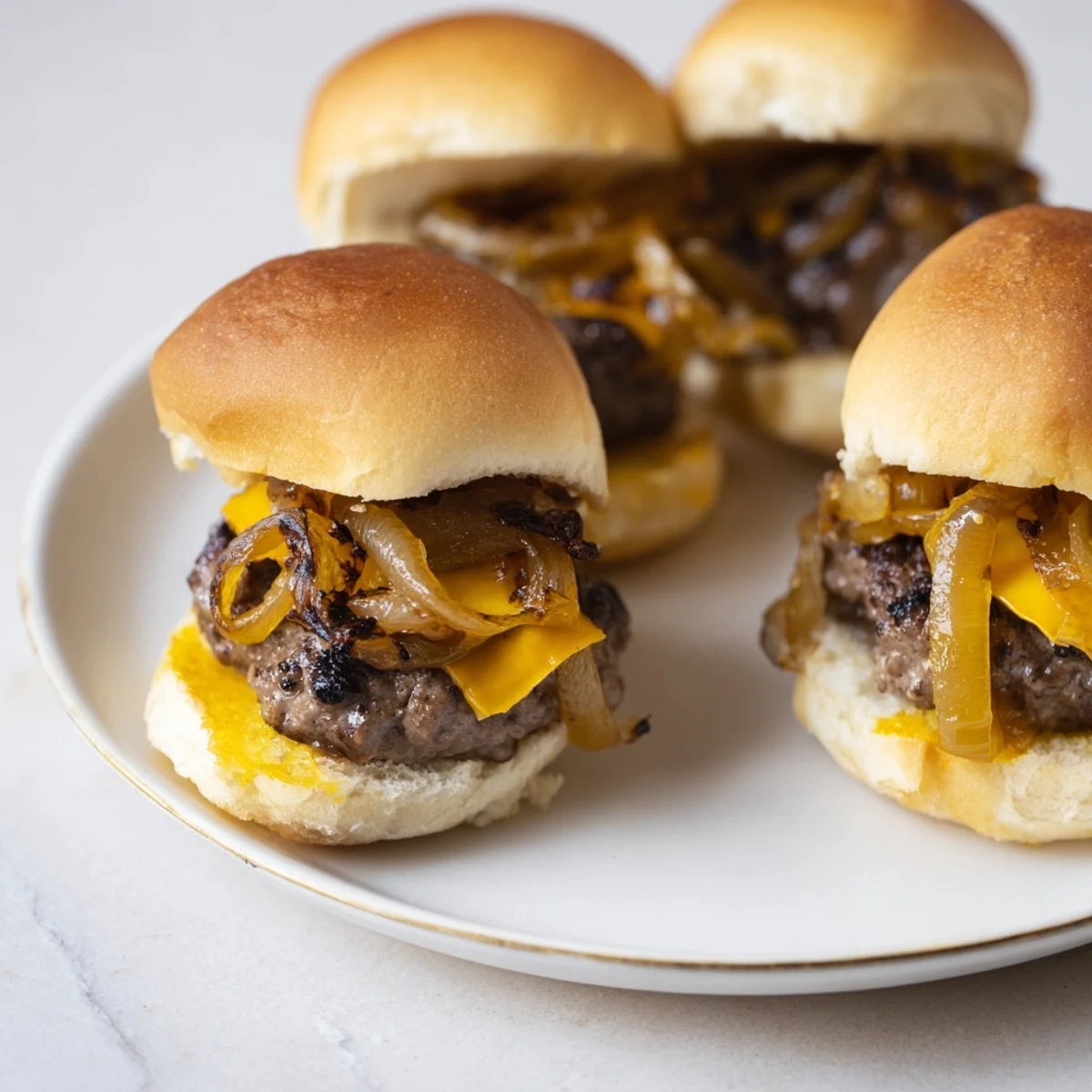 Mini beef sliders with caramelized onions, bursting with savory flavors, ready to enjoy at a summer cookout.