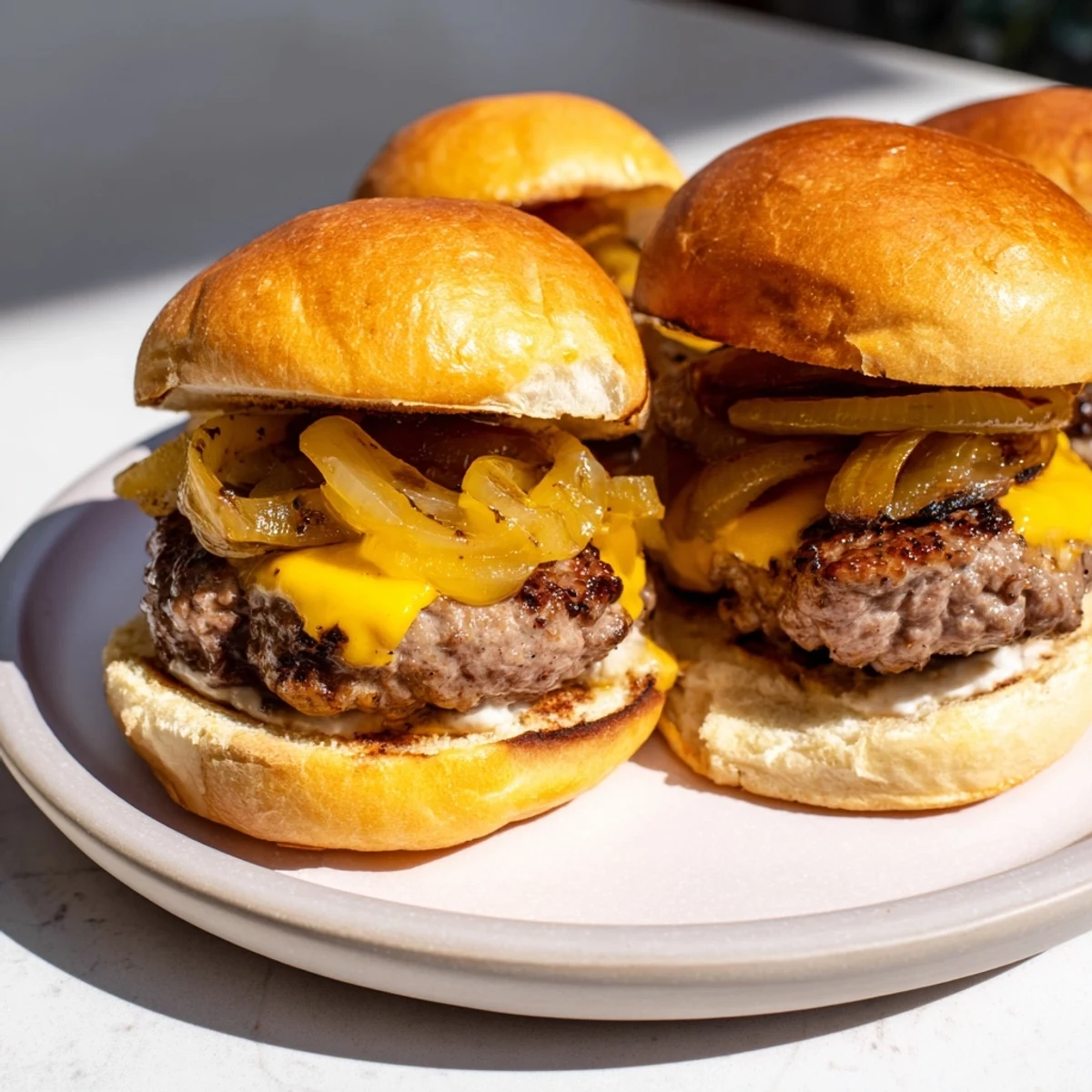 Golden, glistening caramelized onions crown juicy beef sliders, perfect for easy entertaining and delicious bites.