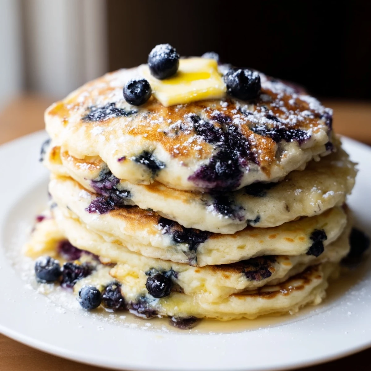 Golden-brown Lemon Blueberry Pancakes, fluffy and dotted with fresh, juicy blueberries, ready to enjoy.
