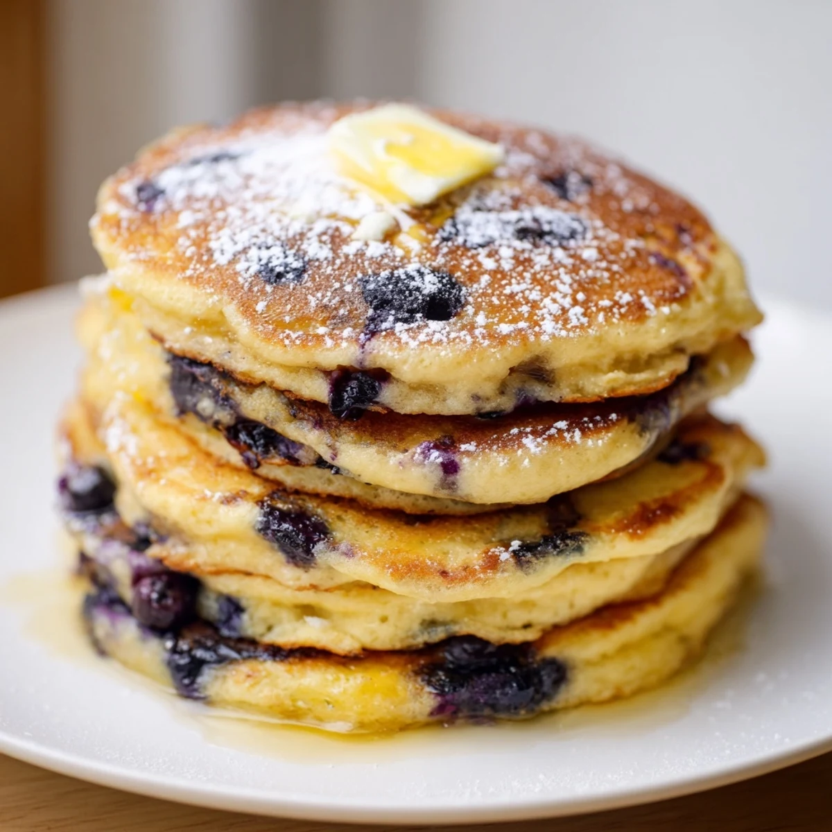 A stack of warm Lemon Blueberry Pancakes with overflowing fresh berries, drizzled with maple syrup for brunch.