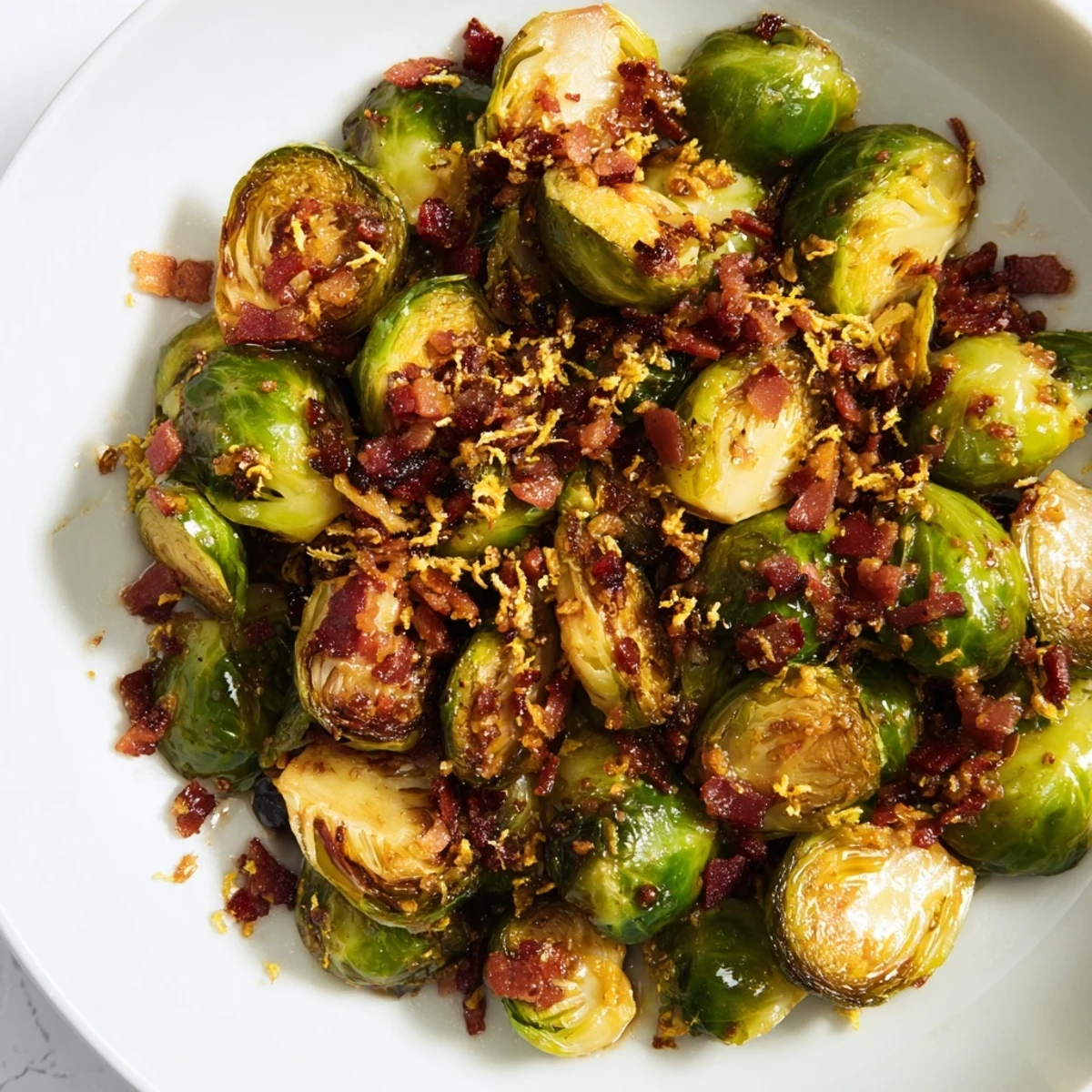 Golden-brown Roasted Brussels Sprouts and Beef Bacon, sizzling with crispy bacon and bright lemon.