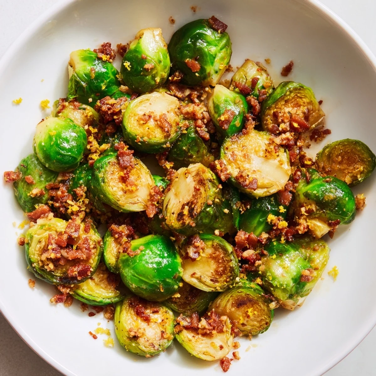 Savory Roasted Brussels Sprouts and Beef Bacon side dish, featuring tender sprouts and flavorful beef.
