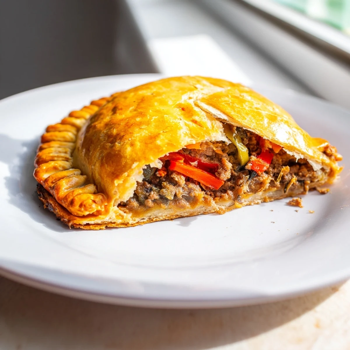 Golden-brown Spiced Beef Empanadas sit ready to eat, the savory filling visible at the crimped edges.
