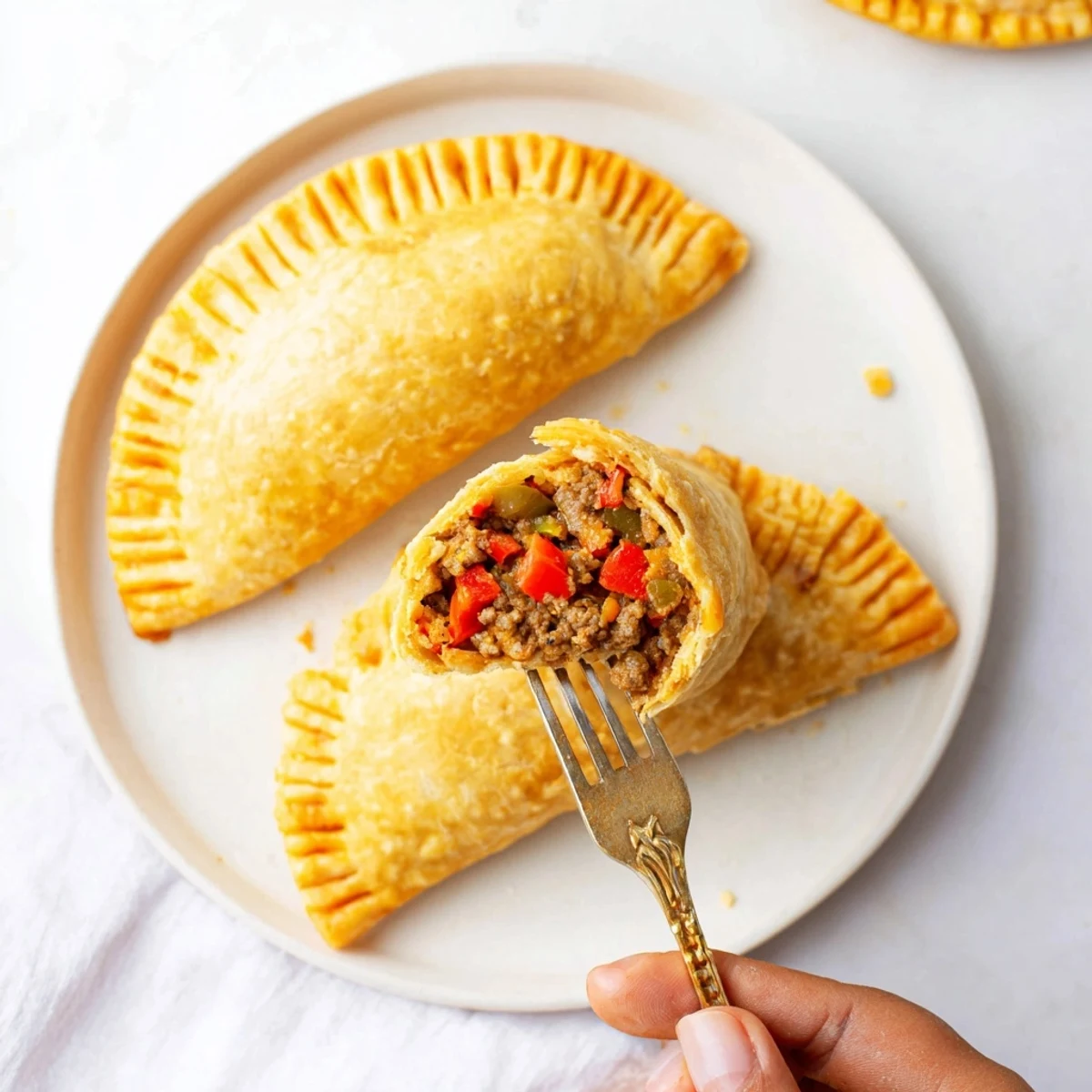 Close-up of baked Spiced Beef Empanadas, perfectly folded and ready for dipping in a flavorful sauce.
