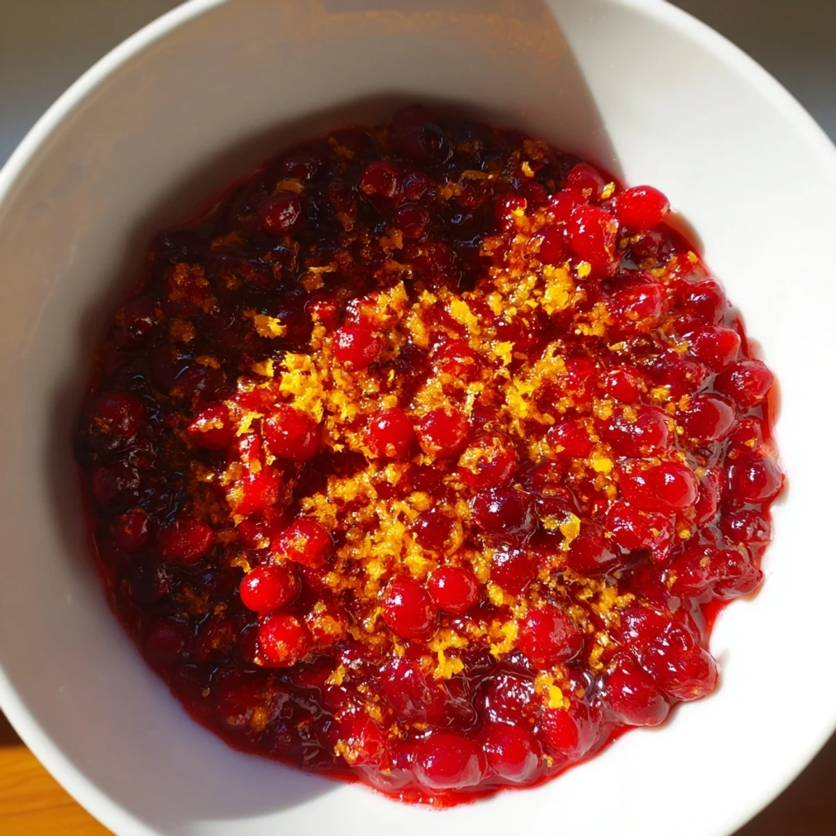 Homemade Cranberry Sauce with Orange Zest, thick and glistening, ideal for Thanksgiving dinners.