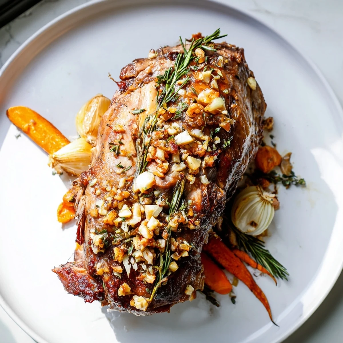 Golden-brown roasted lamb shoulder, richly spiced and ready to serve with tender vegetables.