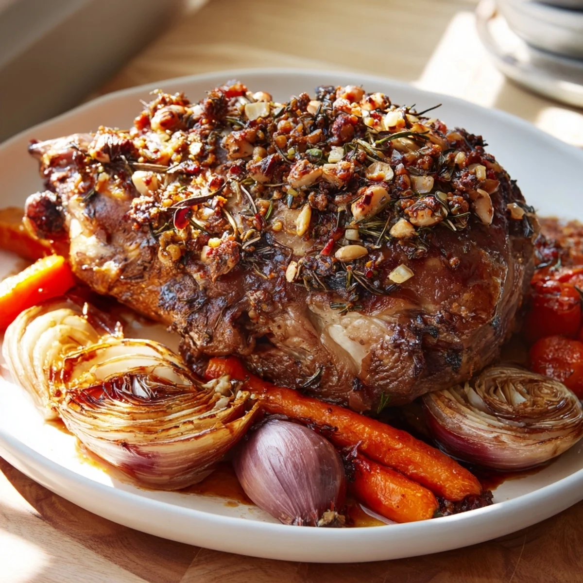 Juicy close-up of slow-roasted lamb shoulder showcasing the aromatic spices and herbs.