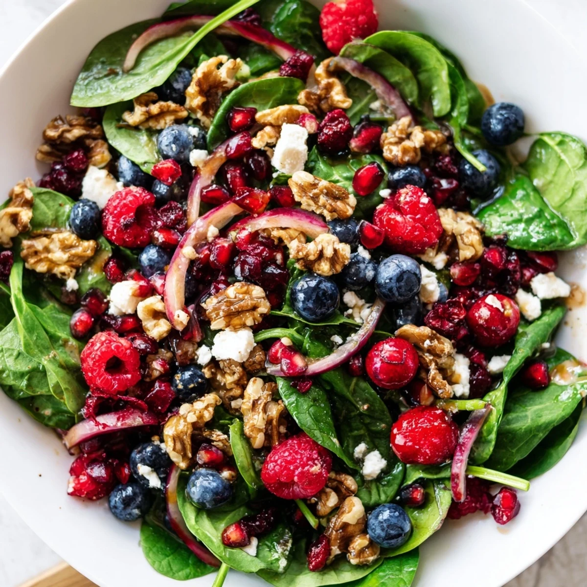 Vibrant image shows the finished Winter Berry and Spinach Salad tossed in citrus vinaigrette, ready to eat!