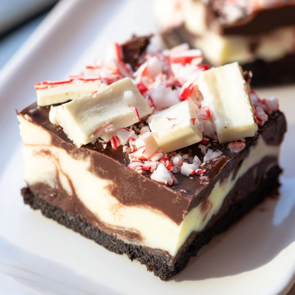 Decadent Peppermint Bark Cheesecake slice, revealing layers of creamy chocolate and festive peppermint.