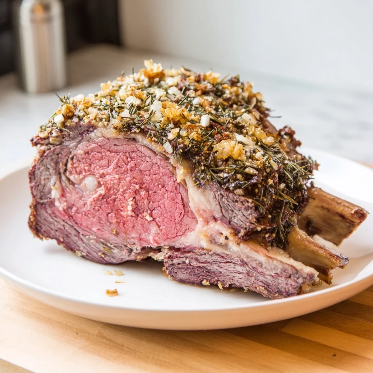 Perfectly cooked Garlic Herb Roasted Prime Rib with tender pink center, ideal for a holiday meal.