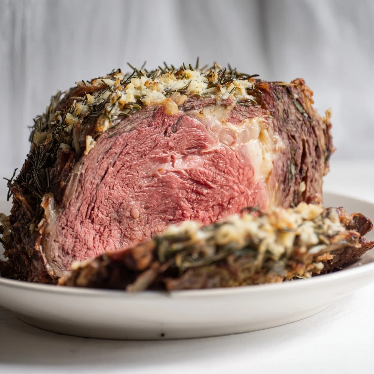 Juicy Garlic Herb Roasted Prime Rib, glistening with a savory herb crust, ready to slice.