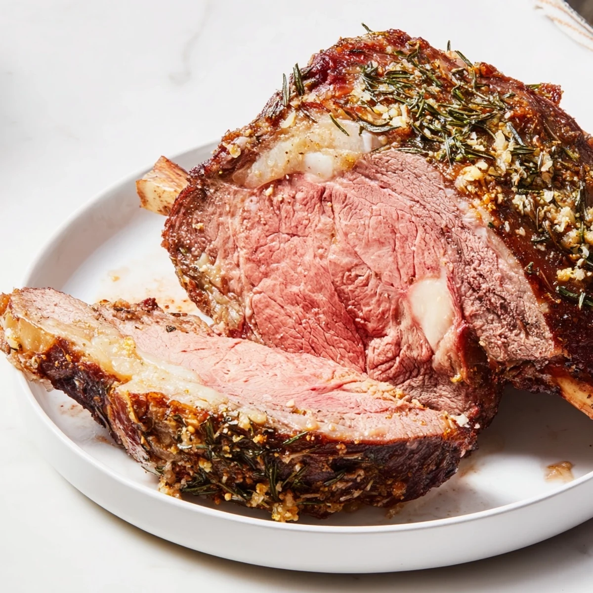 Fragrant, golden Garlic Herb Roasted Prime Rib served with roasted vegetables and a rich au jus.