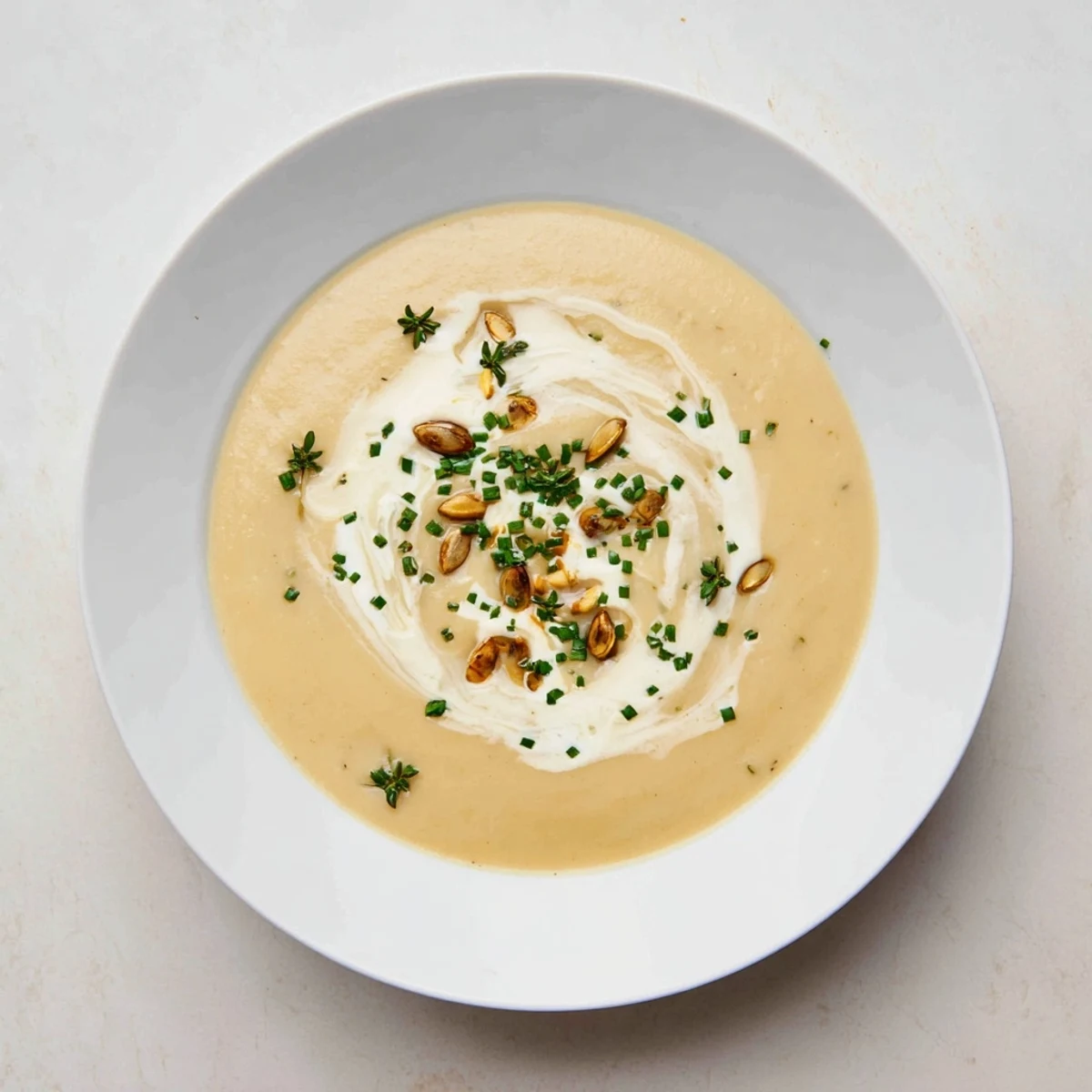 Golden bowl of creamy parsnip and apple soup ready to be served, garnished with fresh chives.