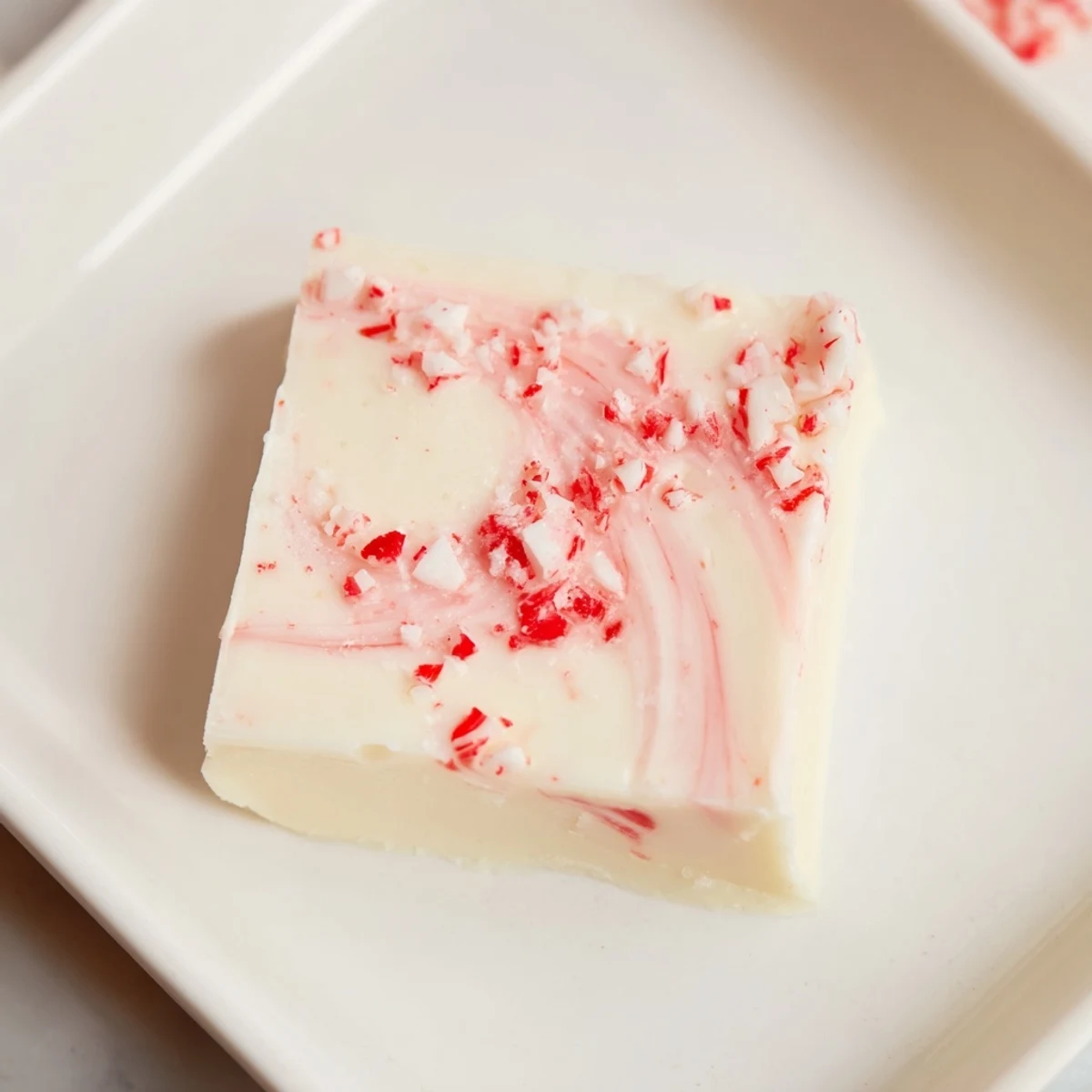 A close-up shot of decadent, holiday-ready Peppermint White Chocolate Fudge, perfect for gifting.
