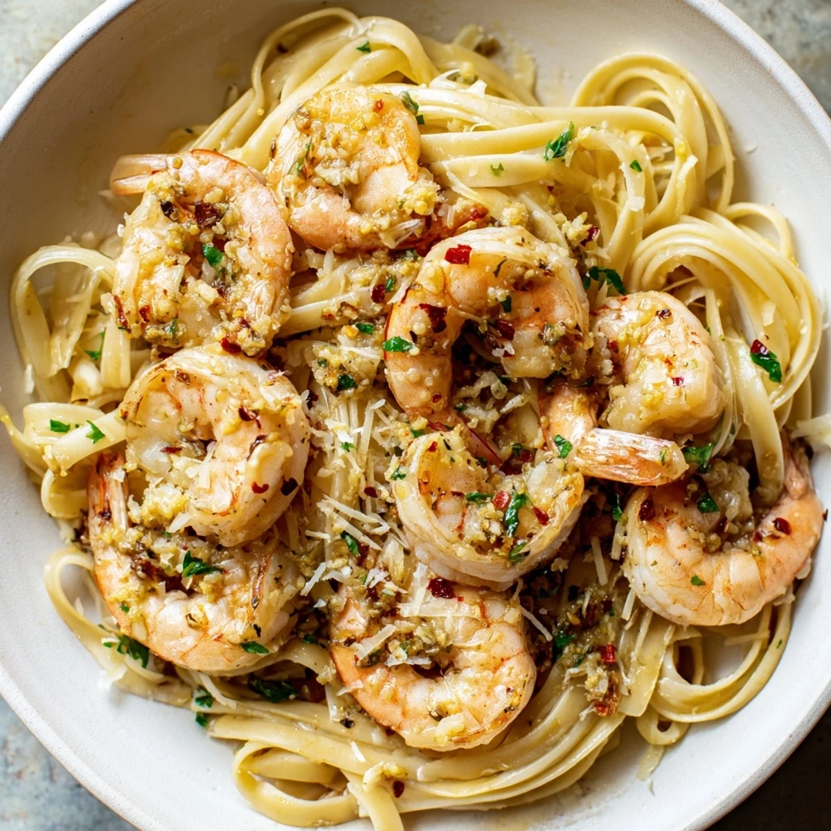 Golden garlic butter shrimp linguine, a flavorful, creamy pasta dish with fresh parsley garnishing.