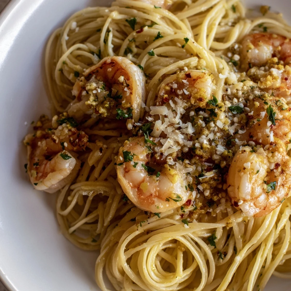 Vibrant photo shows perfectly cooked garlic butter shrimp linguine, ready to be served with lemon wedges.
