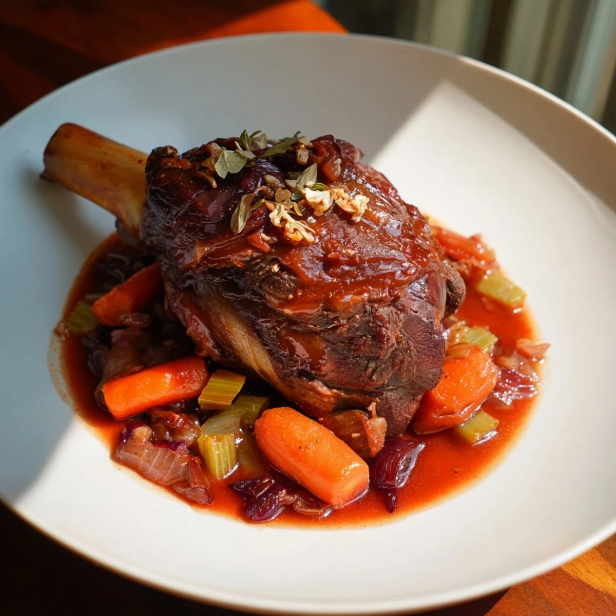 Tender Braised Lamb Shanks with rosemary, falling off the bone, served with rich, savory sauce.