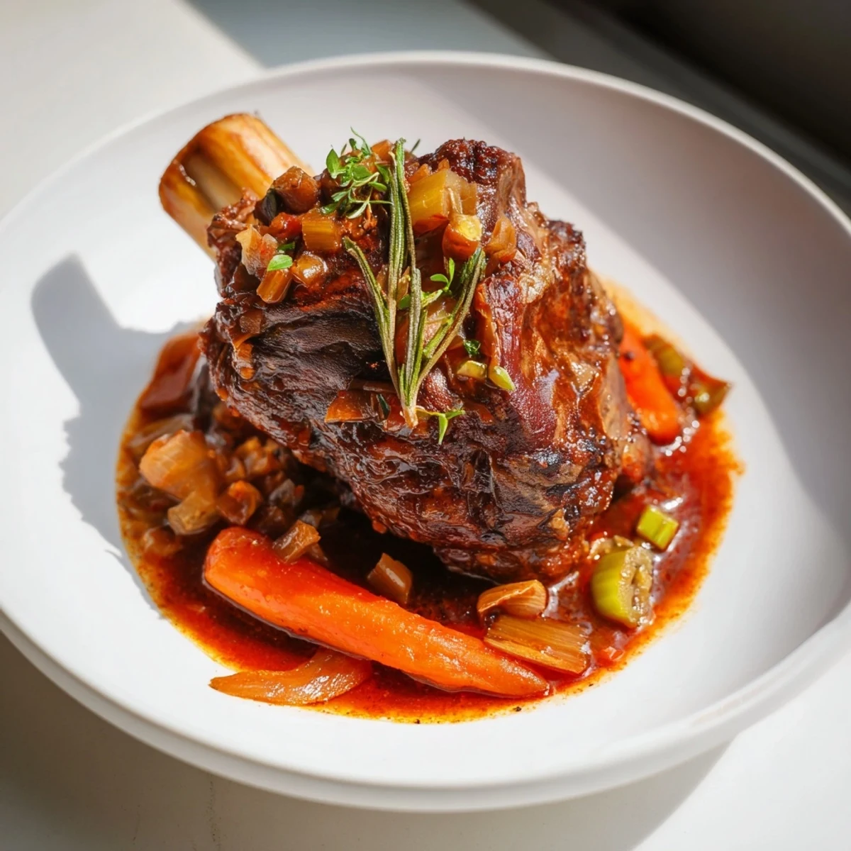 Hearty Braised Lamb Shanks with vegetables and herbs, ready to serve with creamy mashed potatoes.