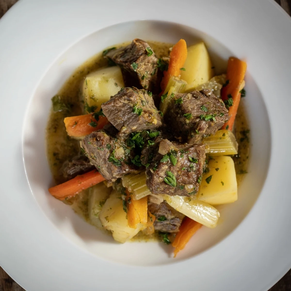 A steaming Beef Casserole with Root Vegetables shows tender beef chunks and carrots in a rich gravy.