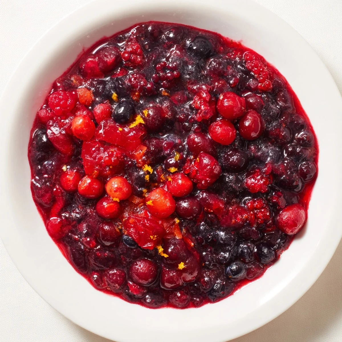 Vibrant cranberry berry sauce with glistening mixed berries ready to spoon over a holiday meal.