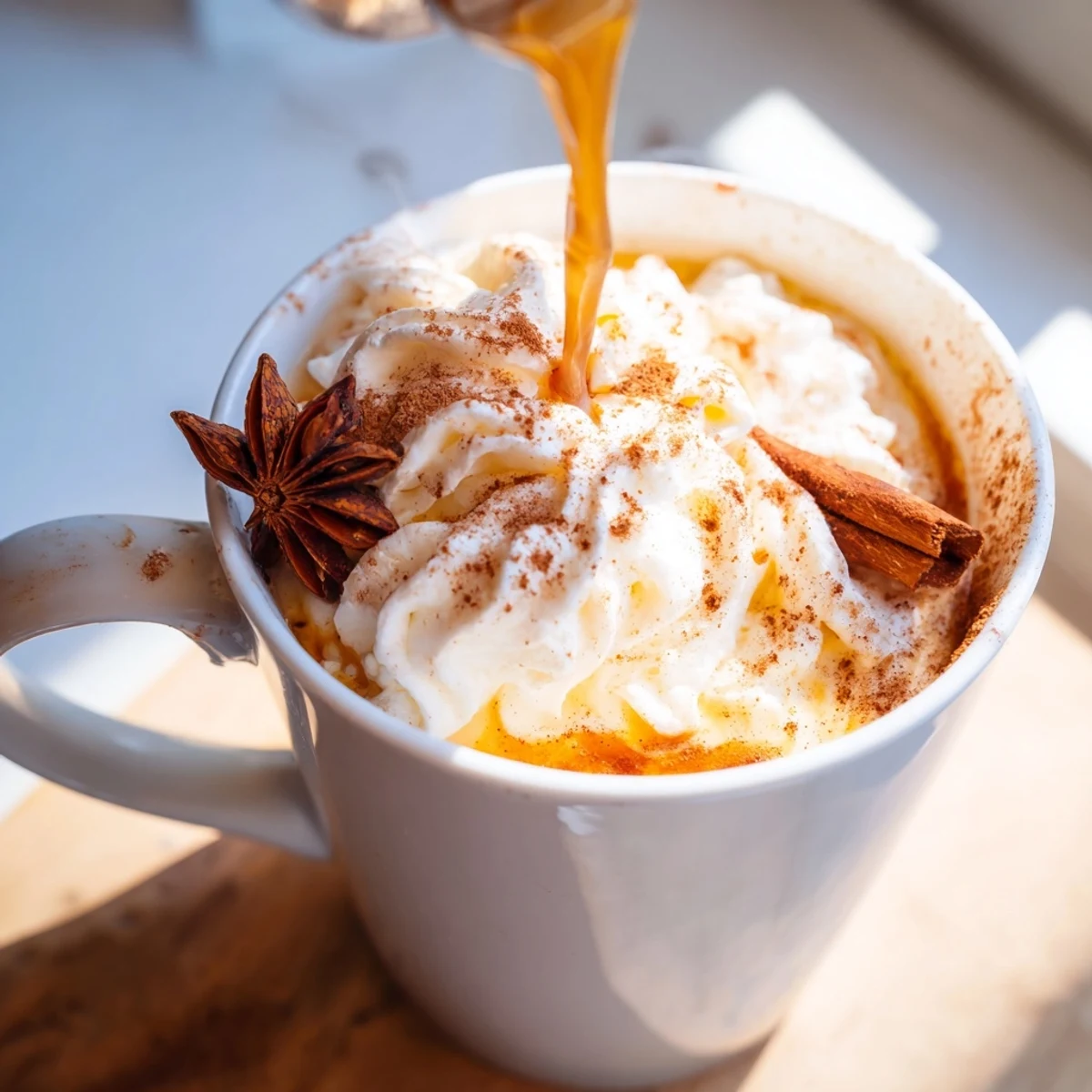 Steaming Spiced Hot Drink in a mug, garnished with cinnamon and whipped cream, inviting warmth.