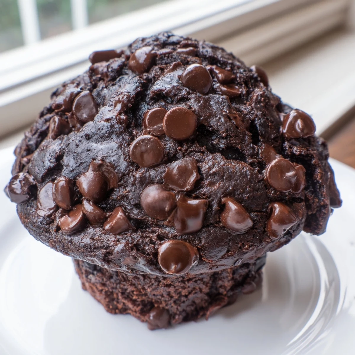 A stack of warm chocolate muffin tops, their tops speckled with melty chocolate chips.