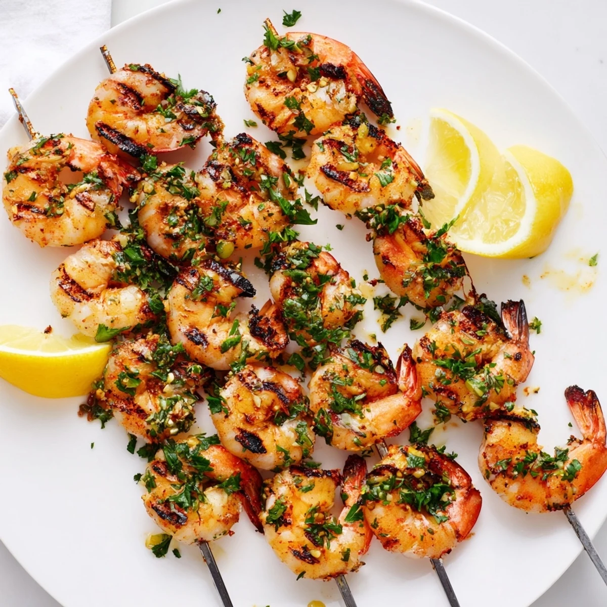 Grilled garlic shrimp skewers, glistening and flavorful, ready to be served with lemon wedges.