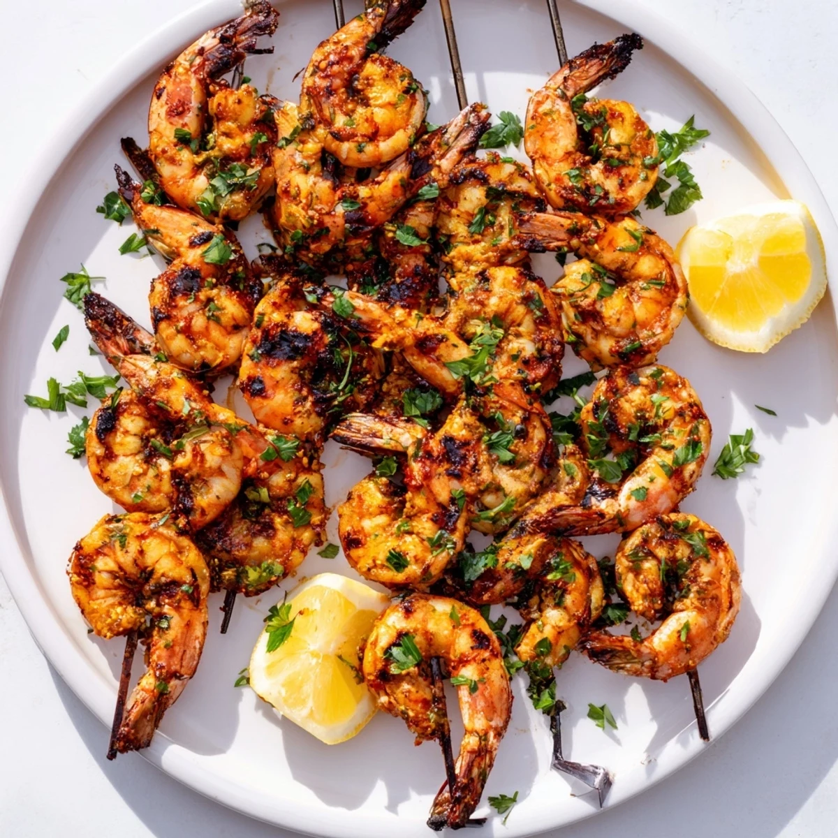 Perfectly cooked garlic shrimp skewers, with visible char marks, are a fantastic Mediterranean main.