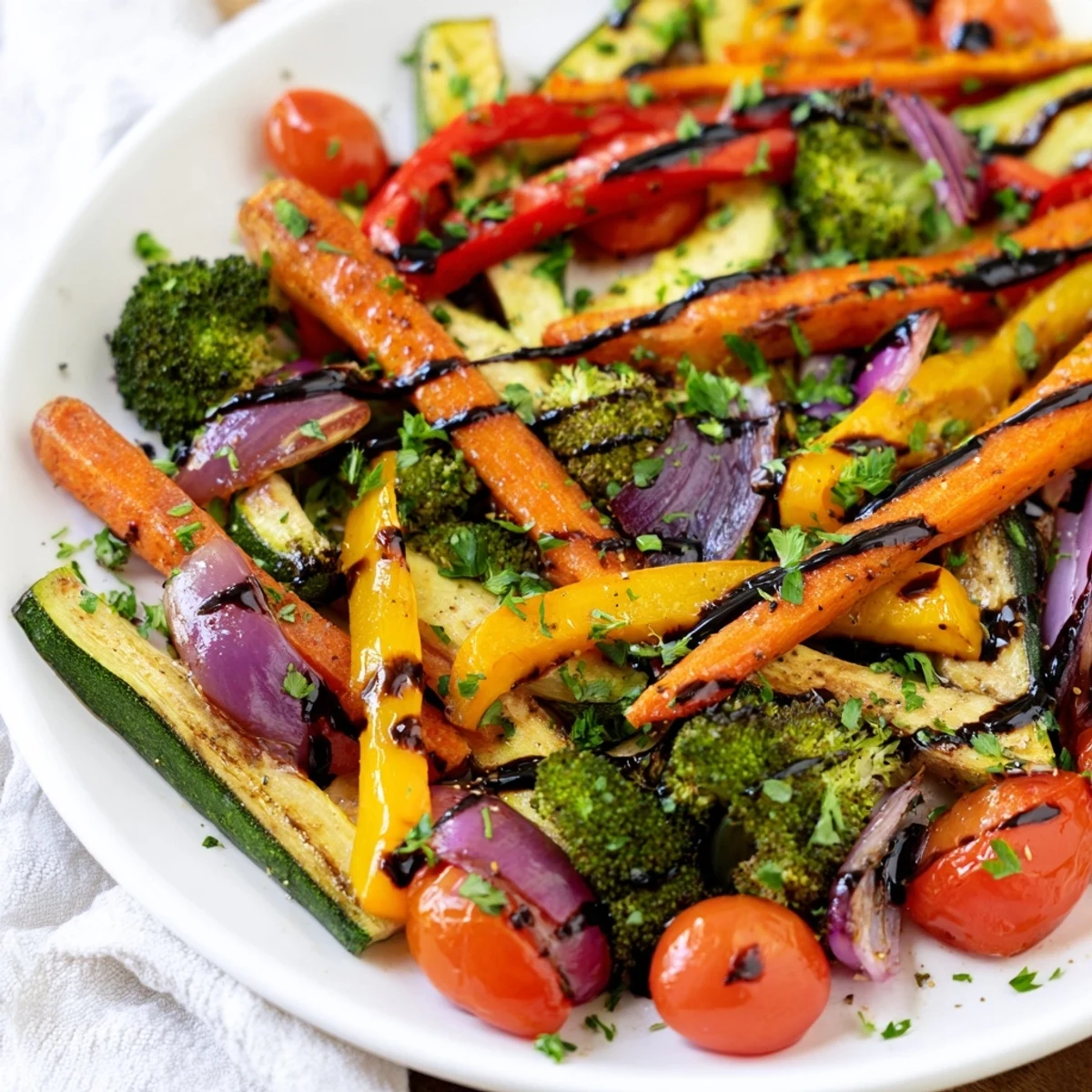 Golden brown Roasted Vegetable Tray, featuring tender carrots and peppers, seasoned with herbs.
