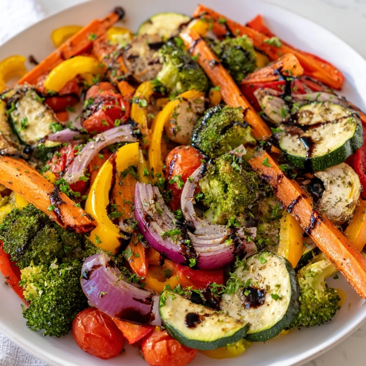 A delicious medley of oven-roasted vegetables, including zucchini and red onion, makes a perfect side dish.