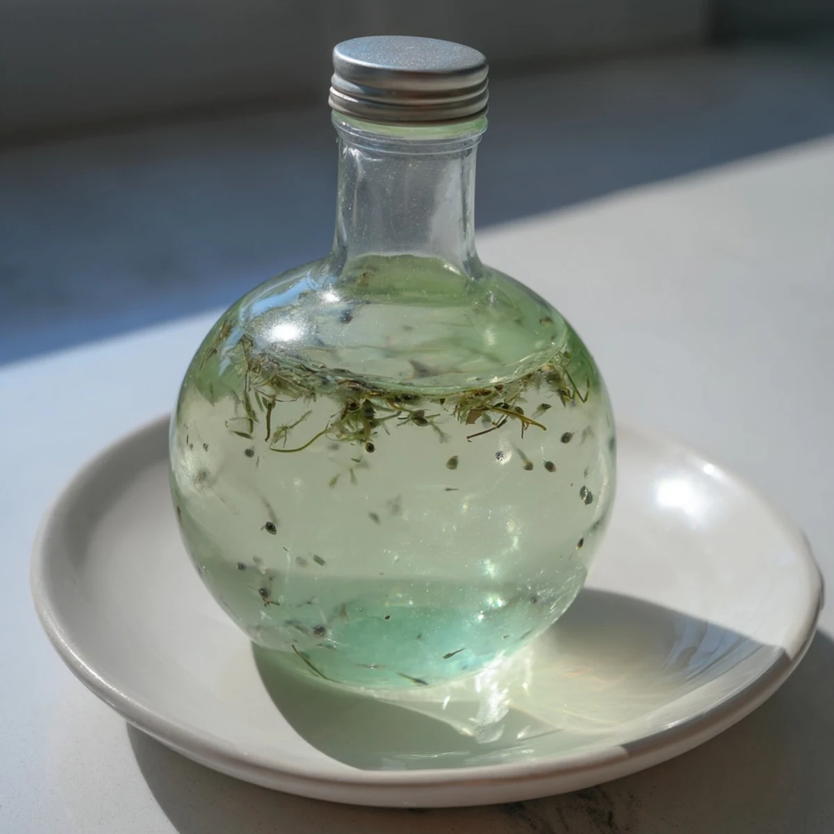 Homemade peppermint flavoring in a clear bottle, ideal for adding minty flavor to desserts.