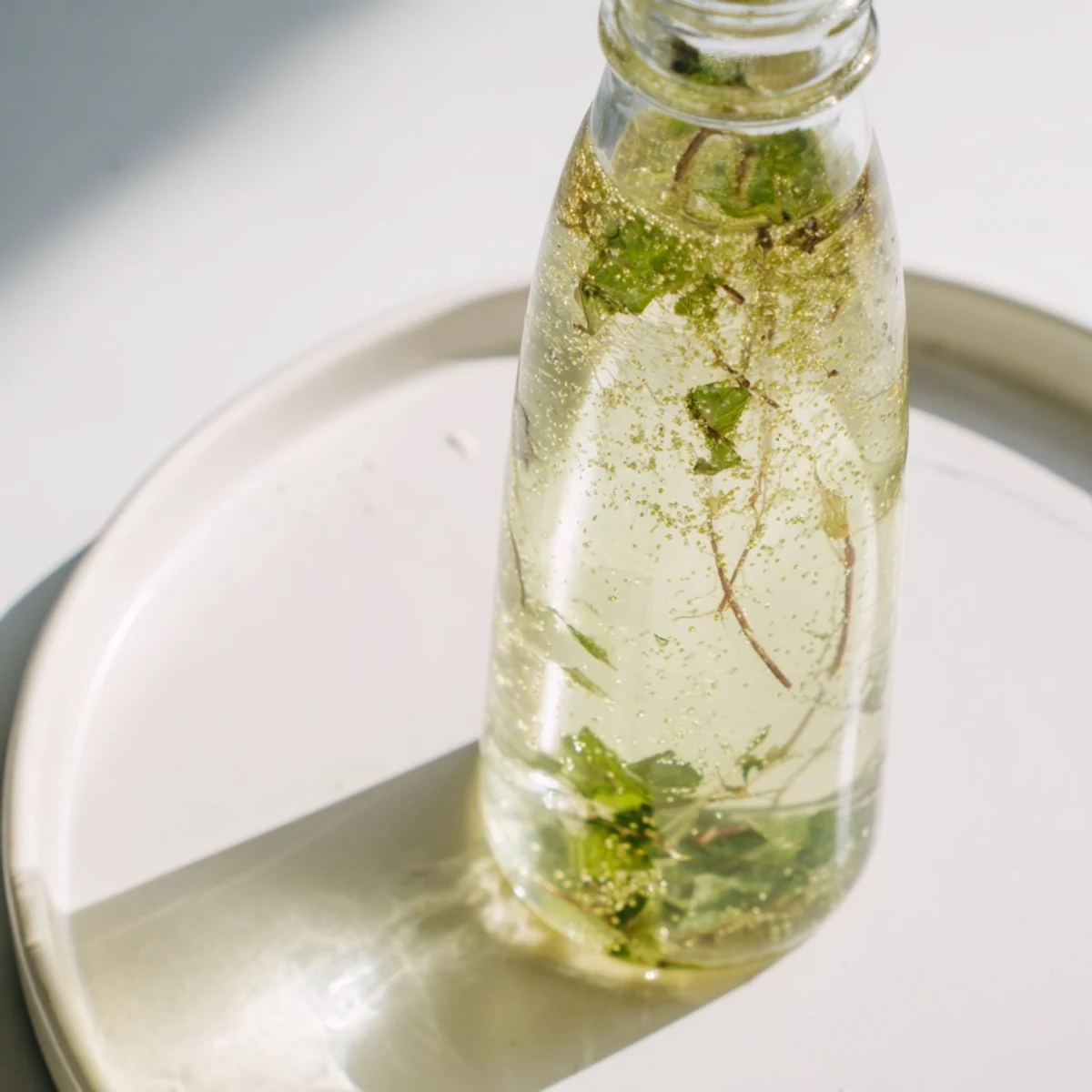 Vibrant green peppermint leaves steeping in vodka, creating delicious homemade peppermint flavoring.