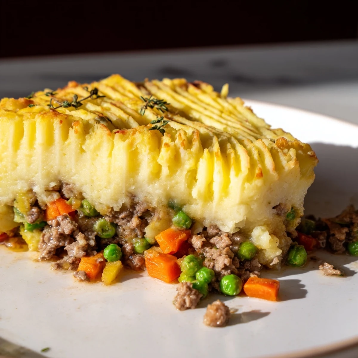 Golden-brown Savory Lamb and Potato Shepherds Pie, steaming hot from the oven with a rich aroma.