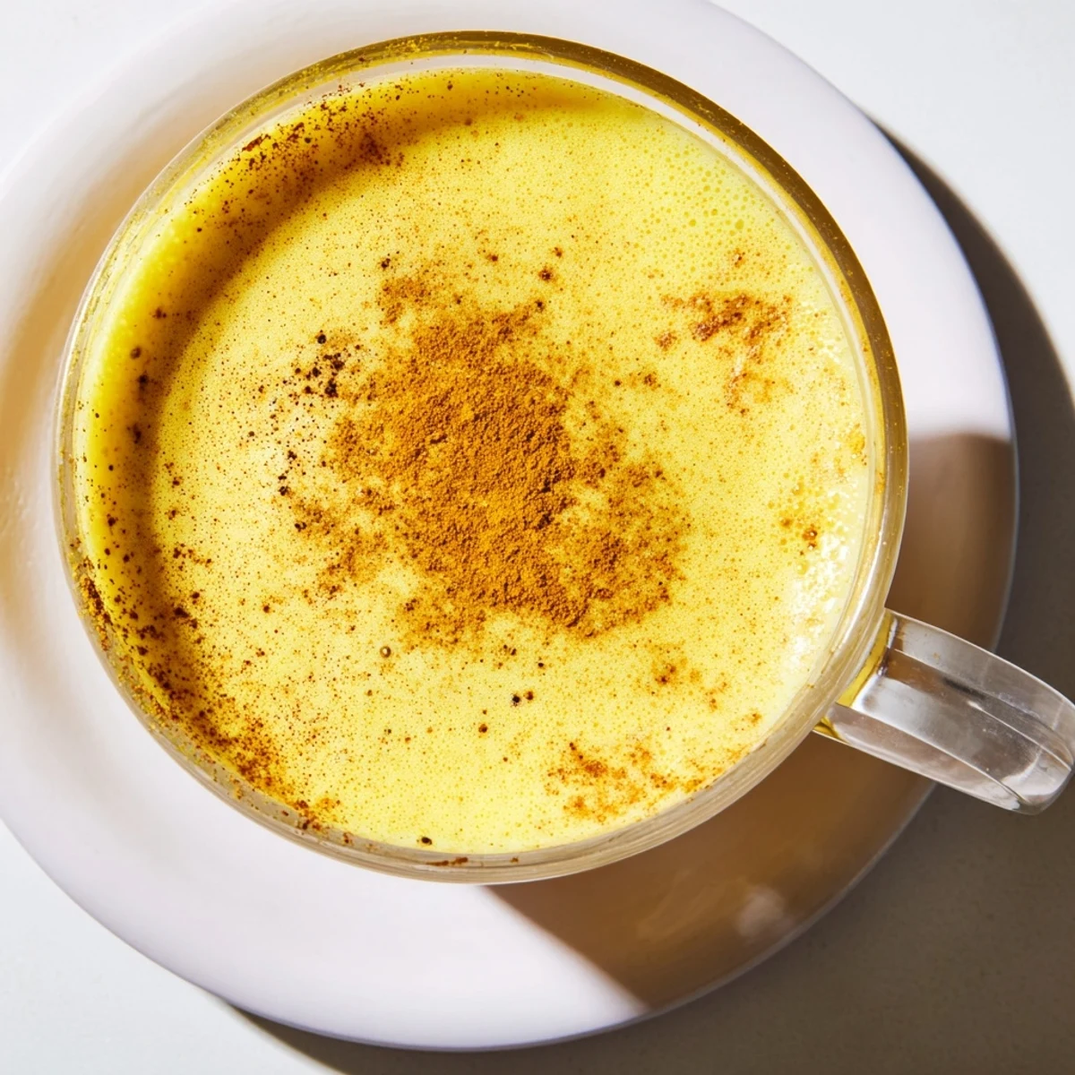 Close-up of golden Spiced Milk with Turmeric, showing frothy texture and cinnamon stick garnish, delicious.