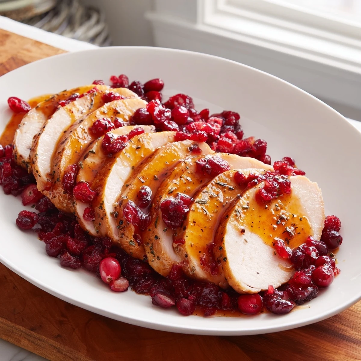 Golden, glistening Cranberry Orange Glazed Turkey, ready to carve and serve for a holiday feast.
