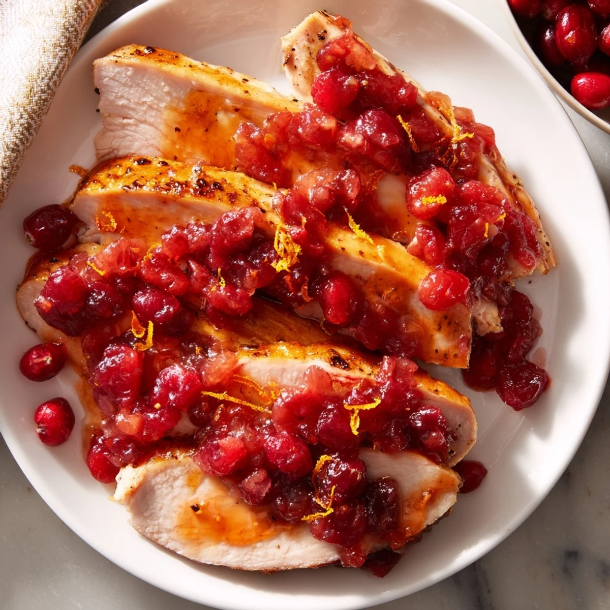 A beautifully browned Cranberry Orange Glazed Turkey, showing off a sweet and tangy glaze's glossy sheen.